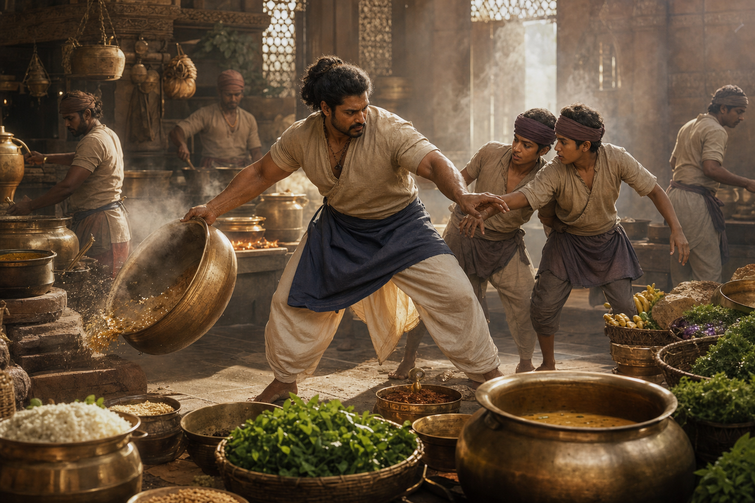 A strong palace cook catches a heavy serving vessel near a hearth and guides two kitchen workers away from danger in an ancient royal kitchen.