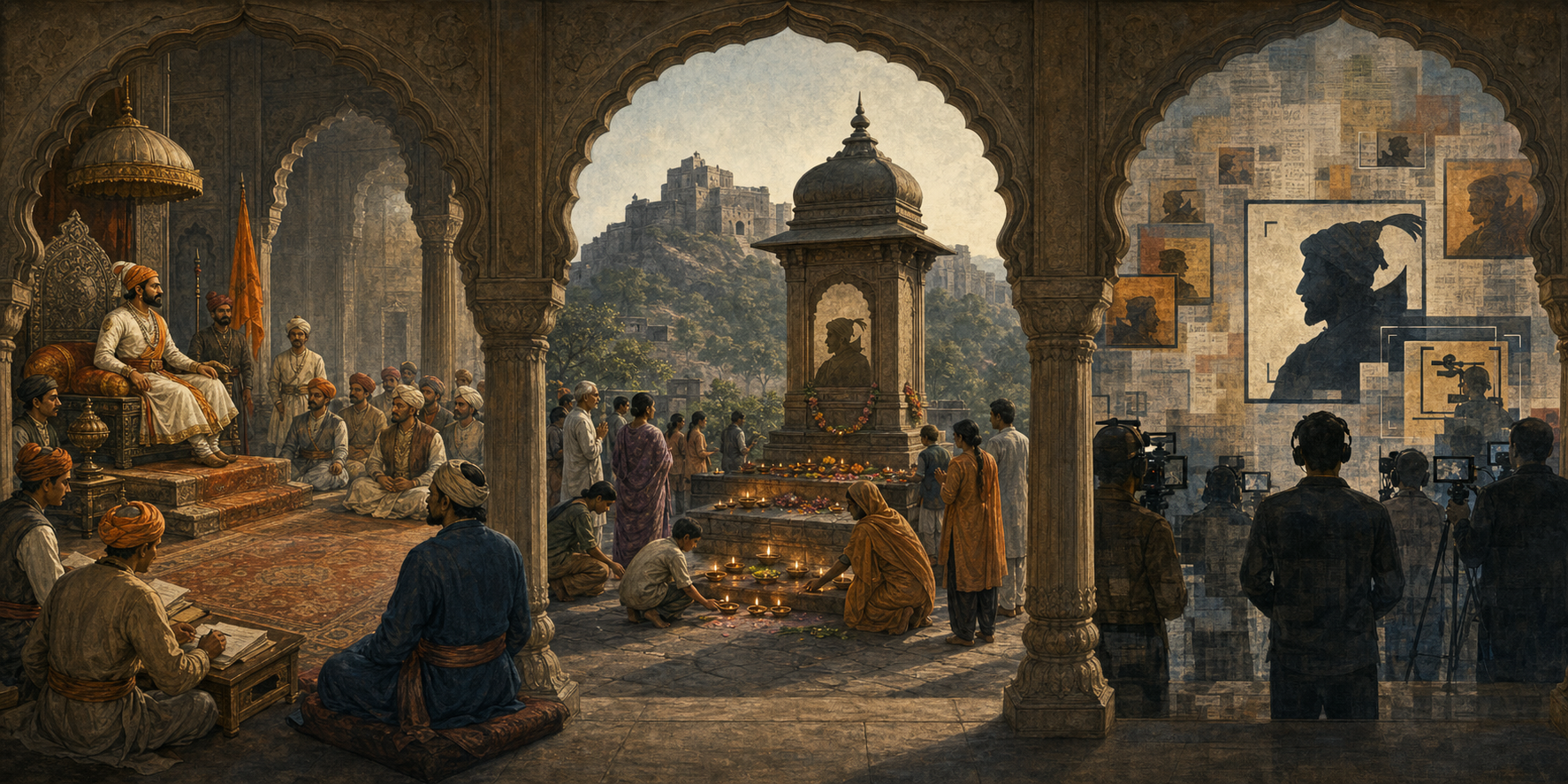 A three-part illustration shows Shivaji's court, a public memorial gathering, and modern media observers.