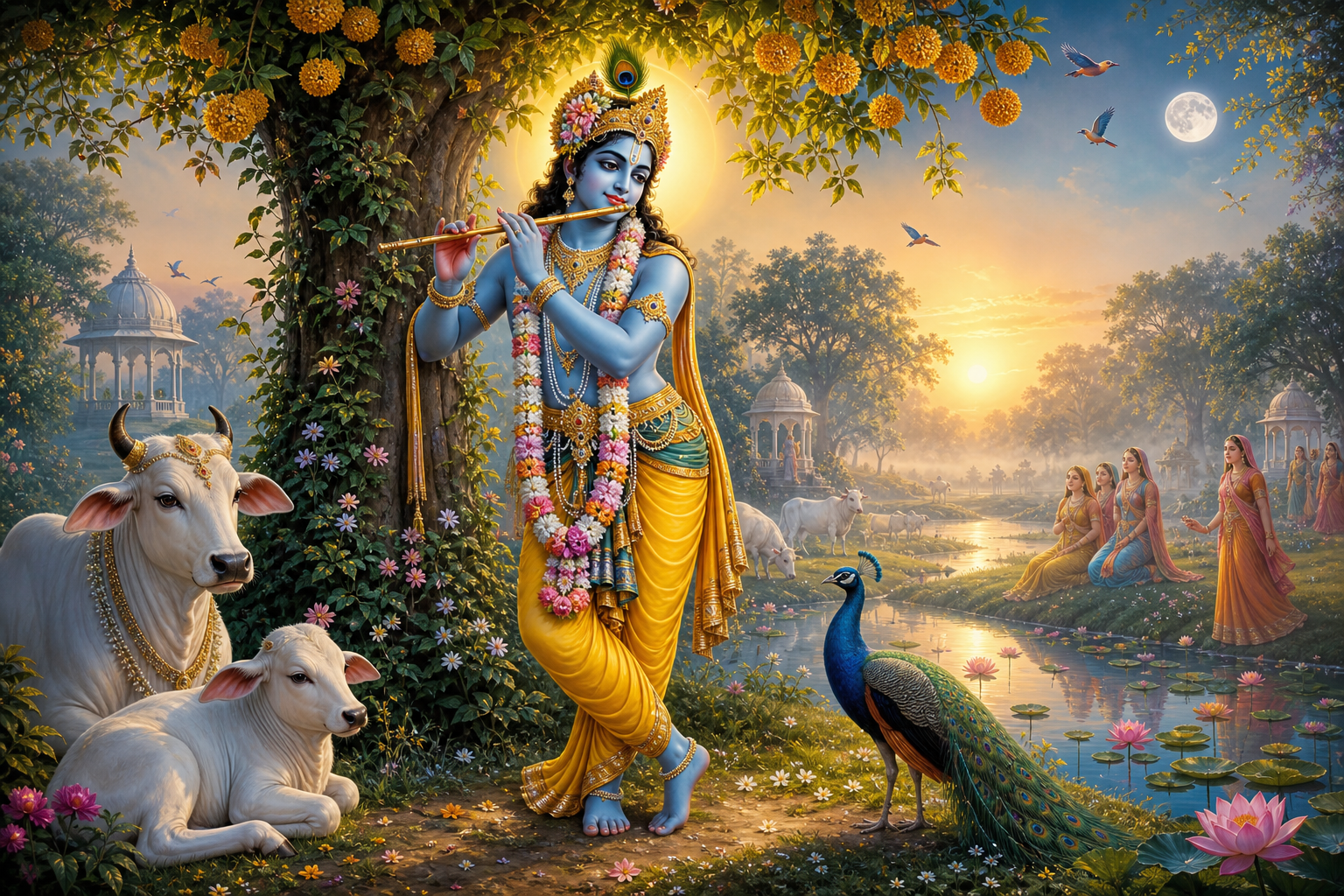 Madana Gopala Krishna playing a flute in Vrindavan with cows, peacock, lotus pond, and devotional figures at golden dawn.