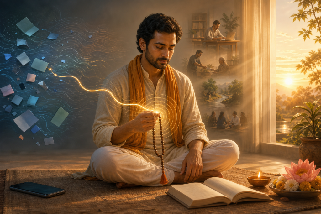 Digital illustration of a man practicing bhakti yoga with mala beads at sunrise as a golden thread flows from distractions toward focused meditation.