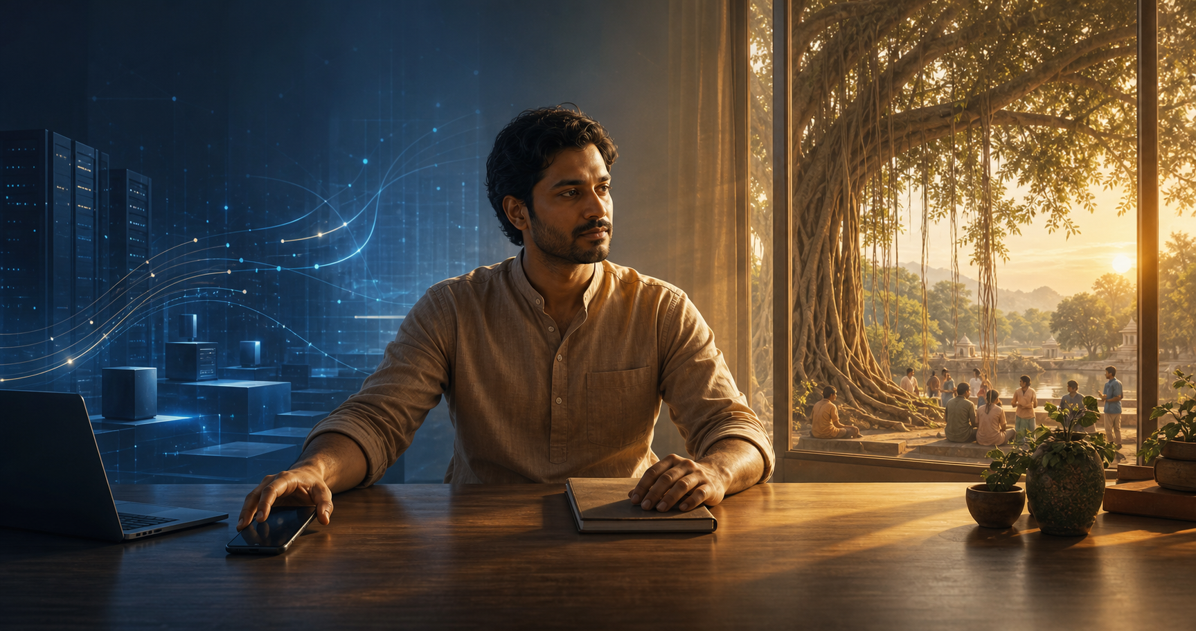 A person at a modern desk sits between glowing digital devices and a sunlit view of a banyan tree and community life.