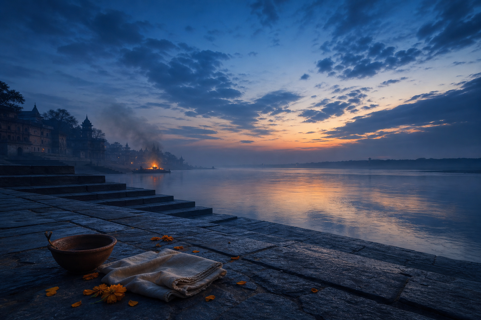 Mist covers quiet riverside steps with an extinguished clay lamp in the foreground and a small ceremonial fire far away.