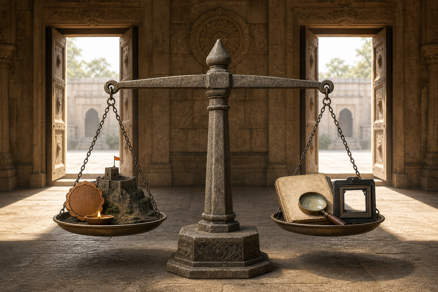A level balance scale holds a miniature hill fort and archival research objects in a symmetrical stone courtyard.