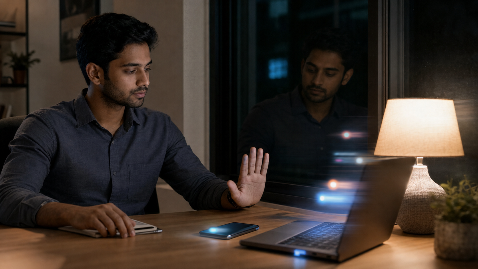 A person pauses before reaching for a glowing phone while their calm reflection appears in a nearby window.