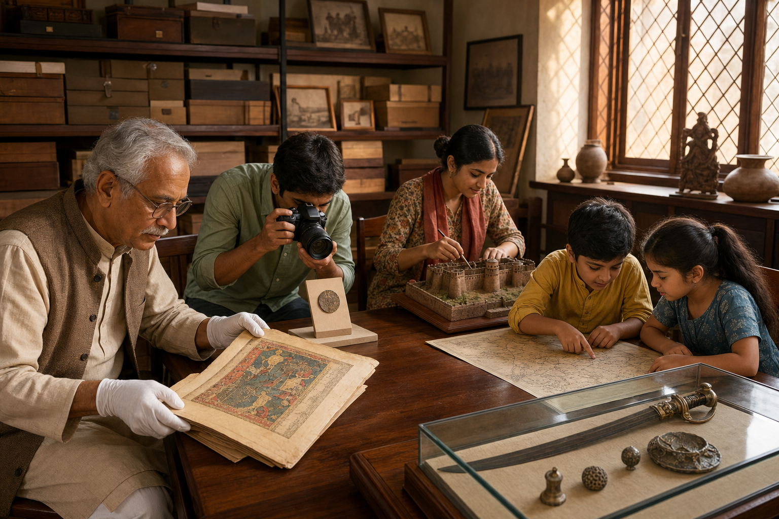 Adults and children preserve manuscripts, a coin, a fort model, and other historical objects in a community archive.