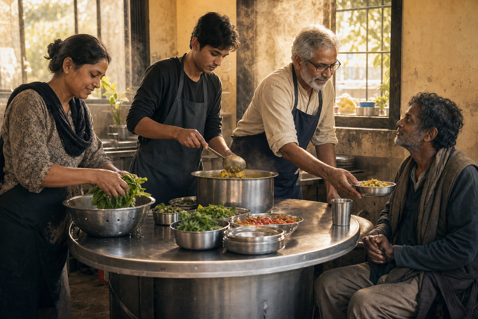 Adults prepare and serve a meal together around a circular table in a modest community kitchen.