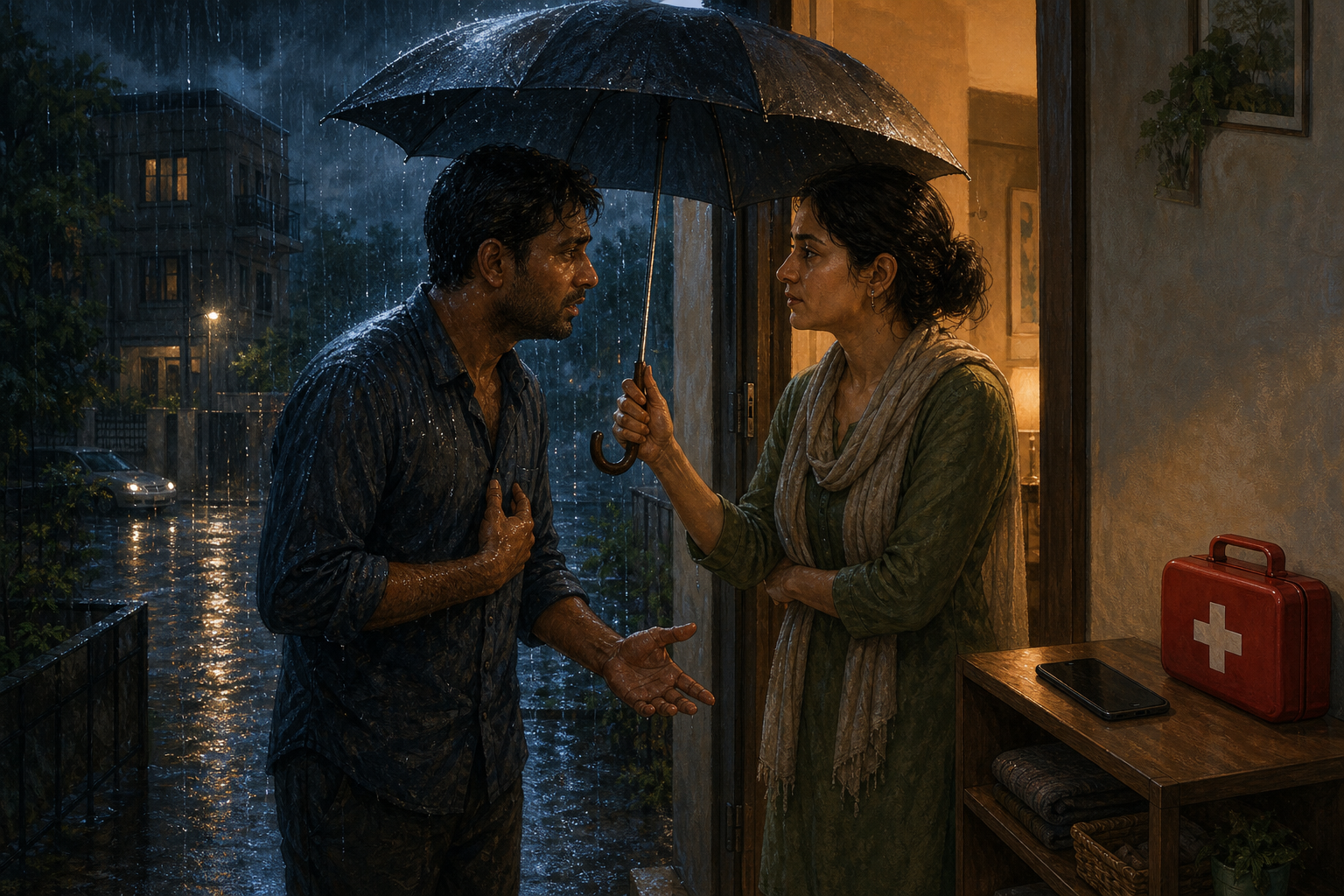 Two neighbors share an umbrella in an apartment doorway while one listens and practical aid sits nearby.