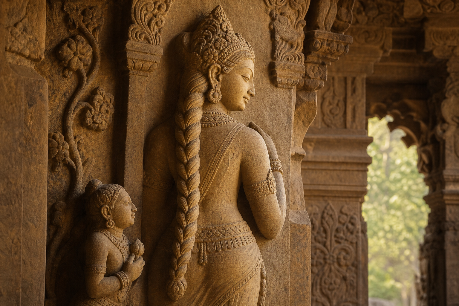 Rear three-quarter view of a sandstone feminine temple figure with one long braid, carved ornaments, an attendant, and surrounding architectural details.