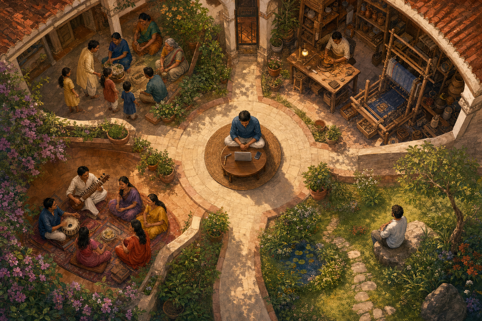 A circular courtyard connects a central technology workspace with scenes of service, livelihood, companionship and quiet contemplation.