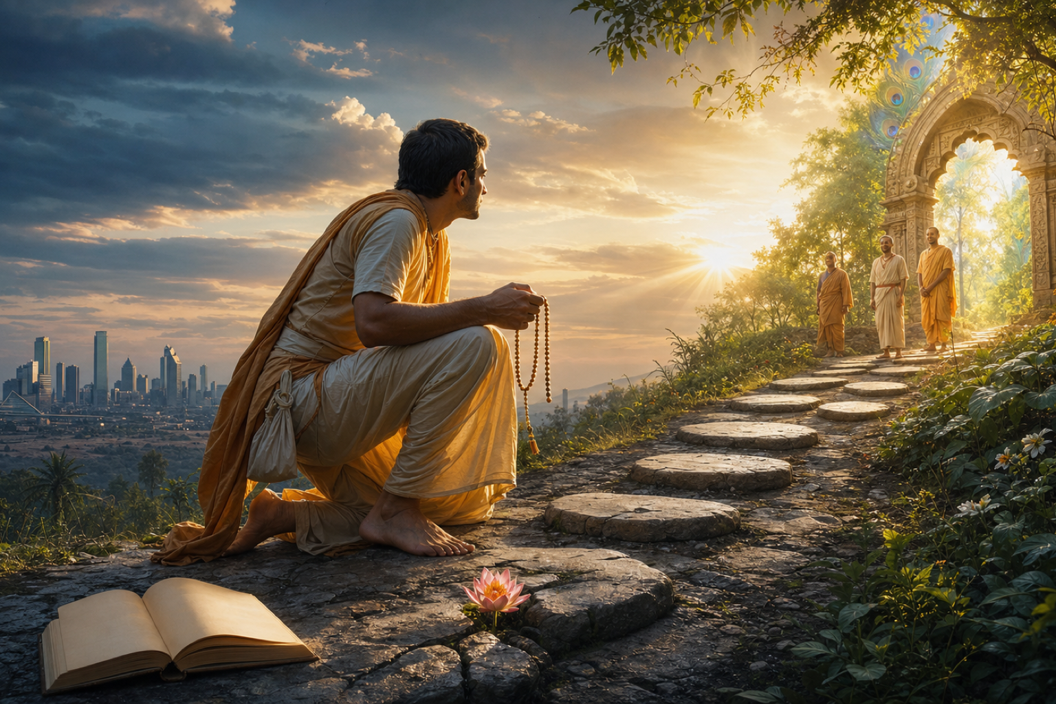 Gaudiya Vaishnava practitioner holding japa beads kneels beside an open book and lotus on a sunrise path toward devotees and a temple arch.