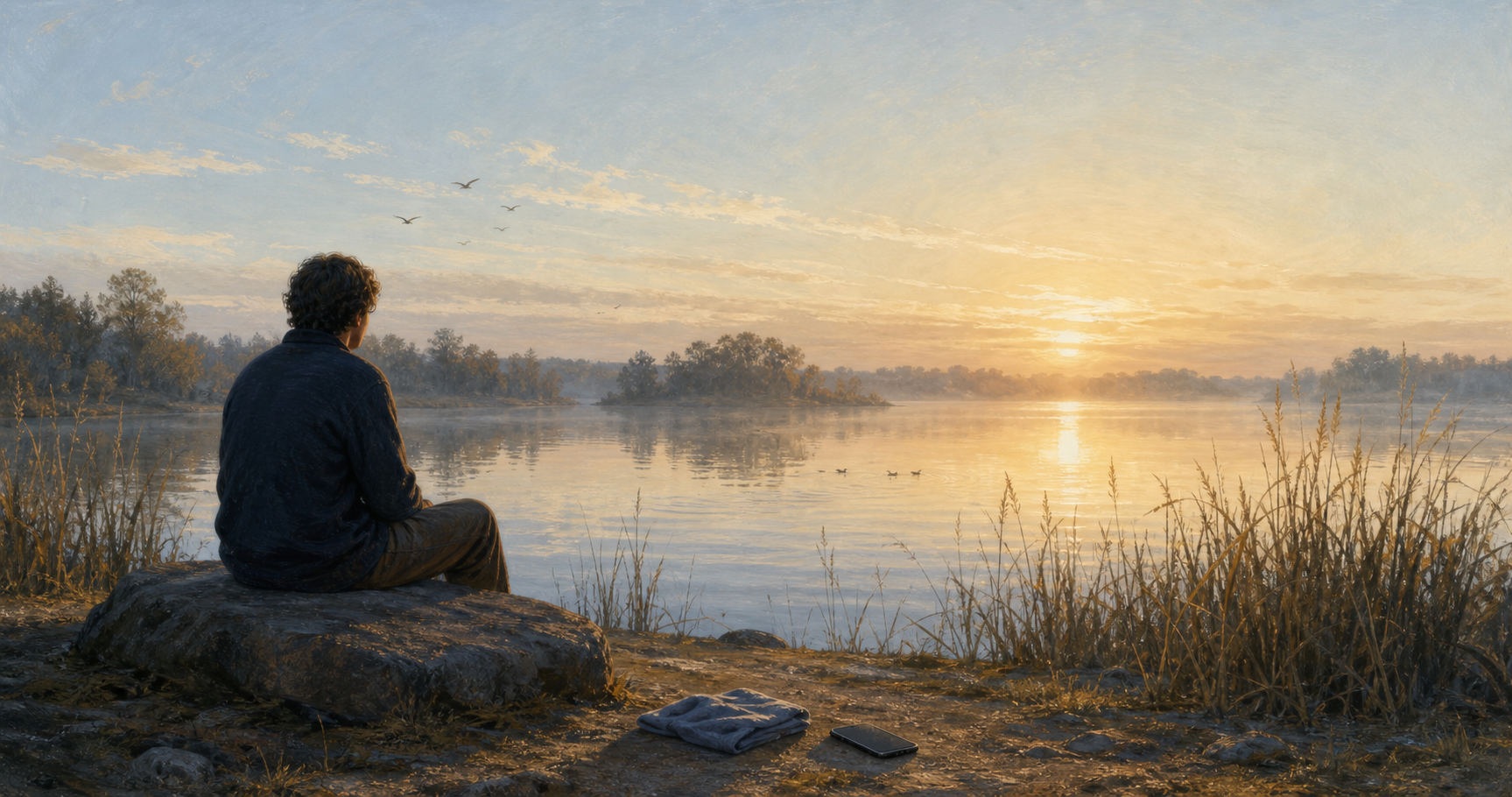 A person sits quietly beside a misty lake at dawn while a switched-off phone rests face down nearby.