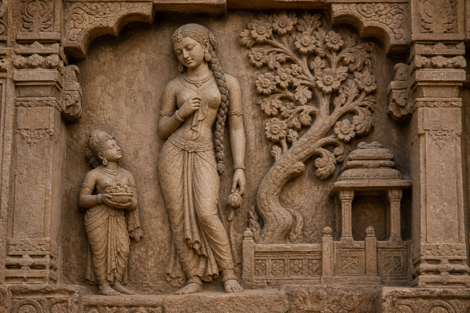 Sandstone relief of a single-braided feminine figure surrounded by carved jewelry, a companion, a flowering tree, and architectural motifs.