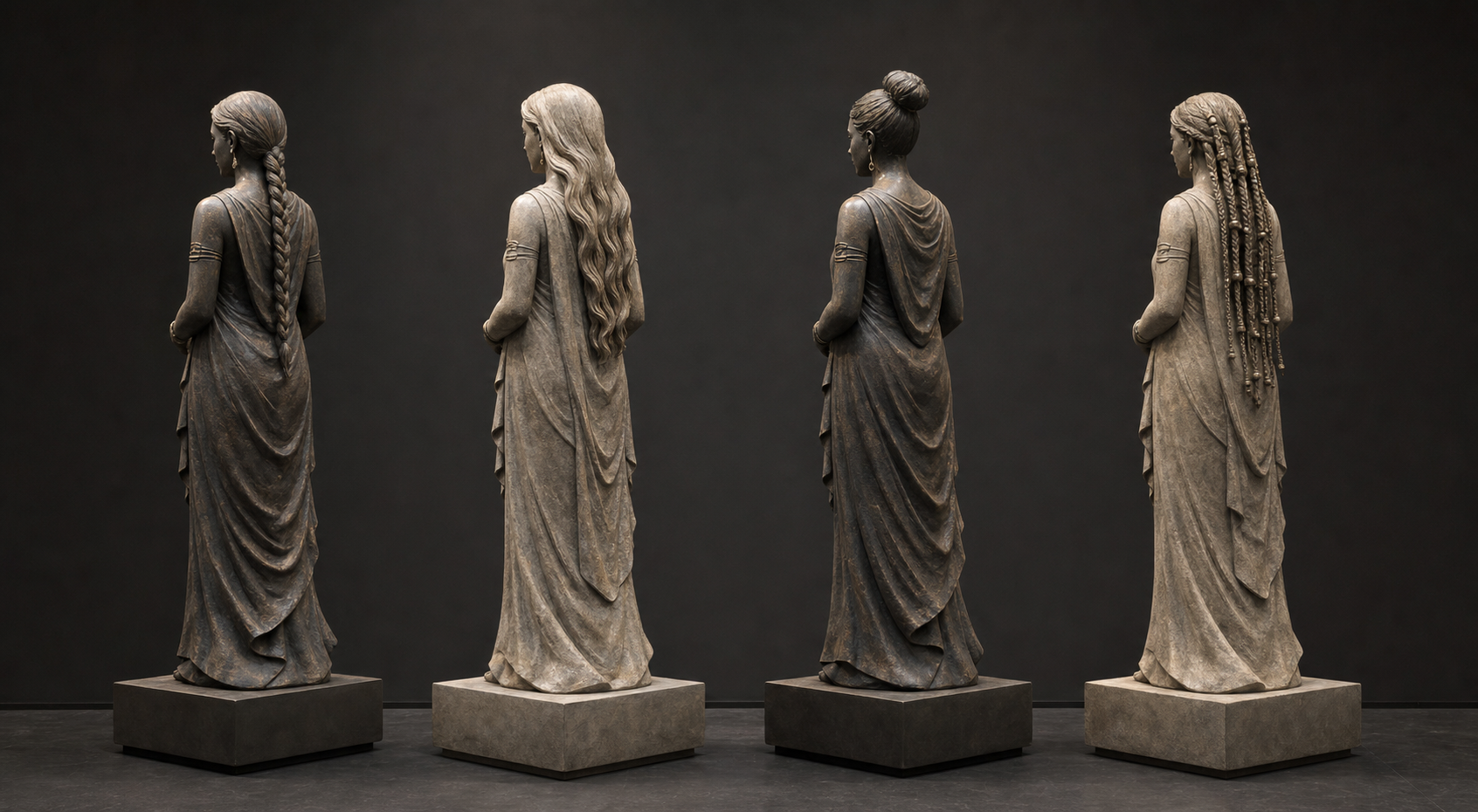 Four original sculptural figures shown from behind with, respectively, one braid, loose hair, a high bun, and multiple narrow strands.