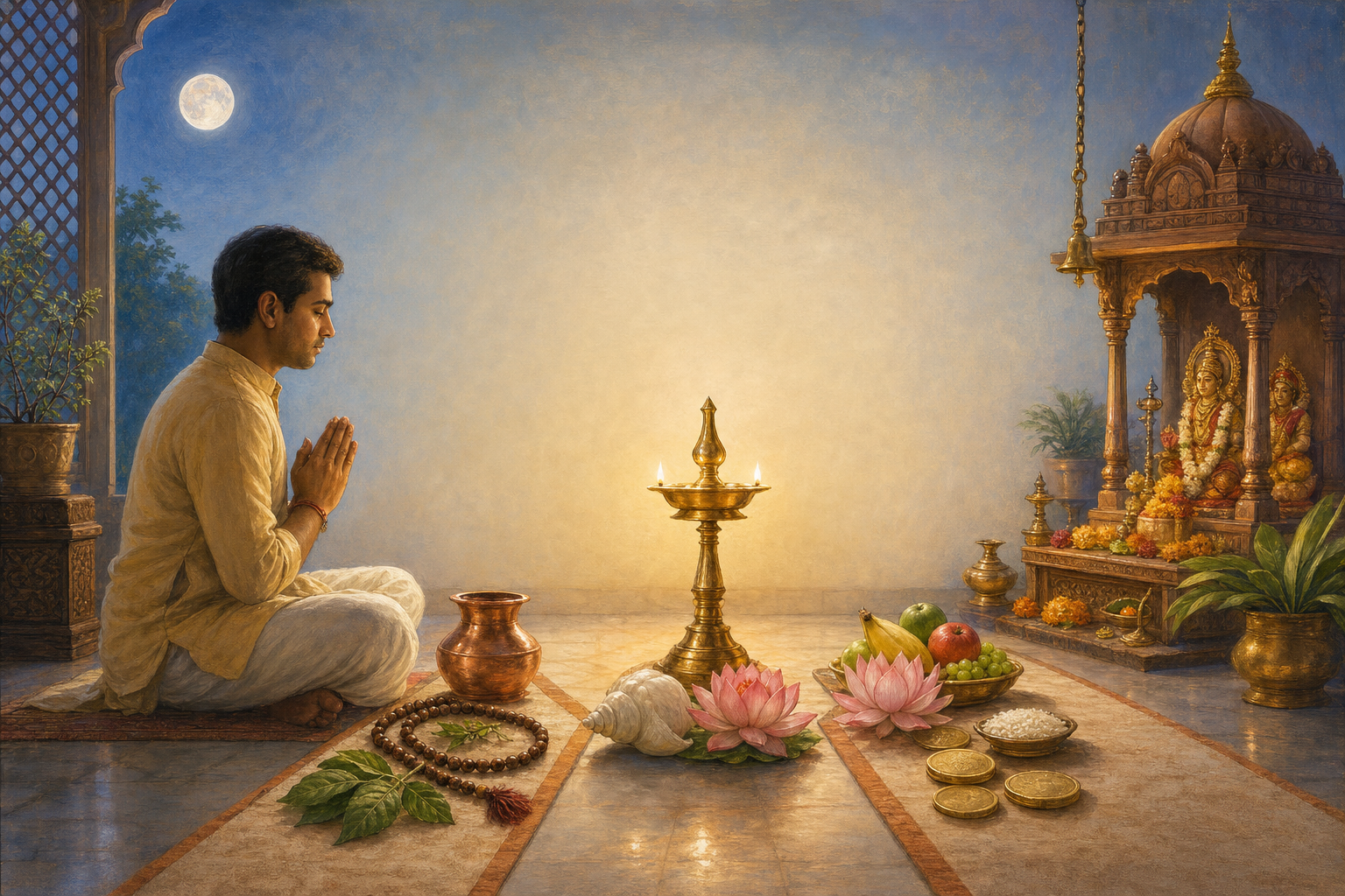 A householder prays beside an oil lamp, tulsi leaves, prayer beads, a lotus, rice, fruit, a conch, and a copper vessel while a full moon appears through the window.