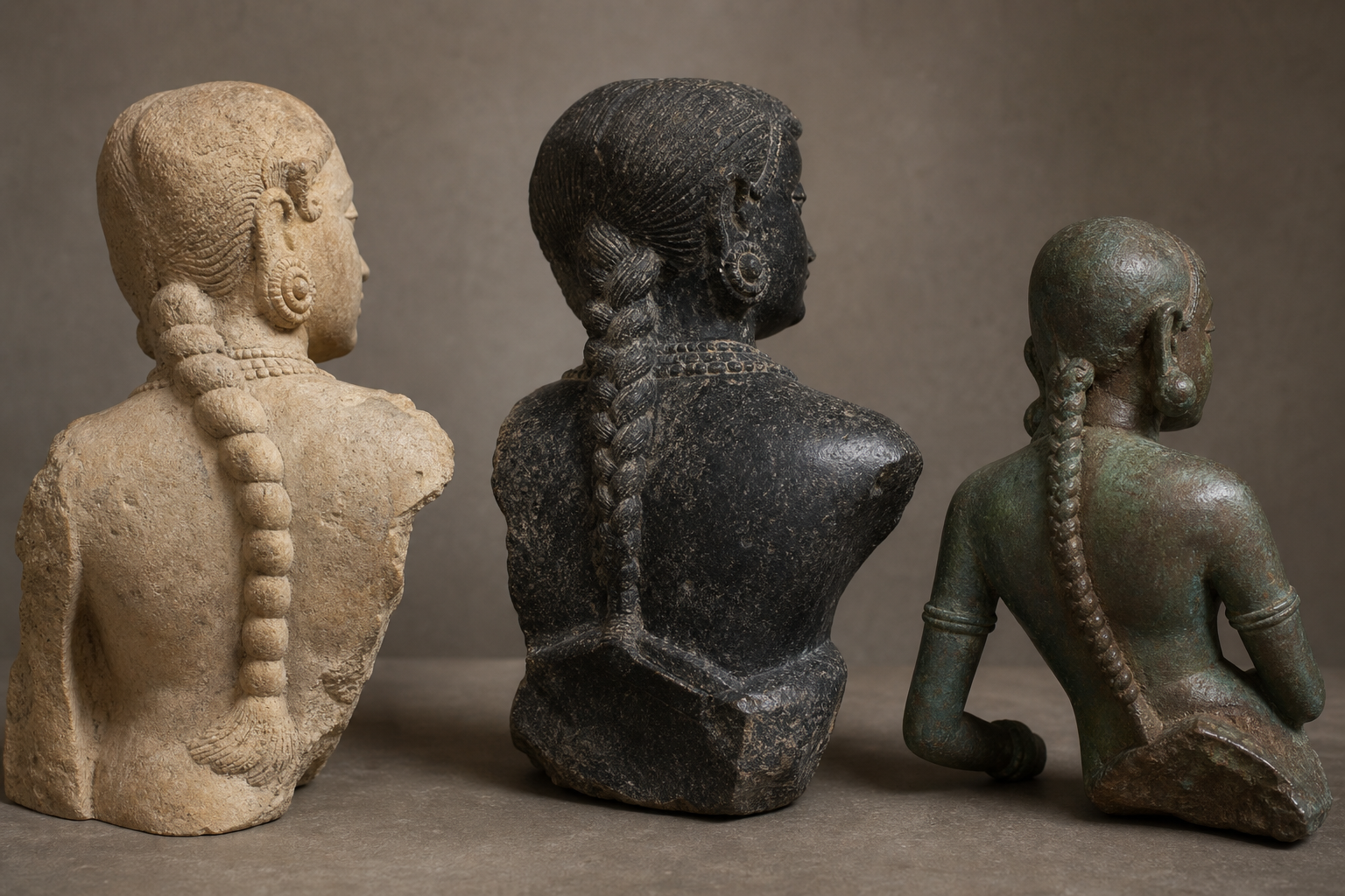 Three feminine sculptural figures in sandstone, dark granite, and aged bronze, each showing a differently rendered single braid.