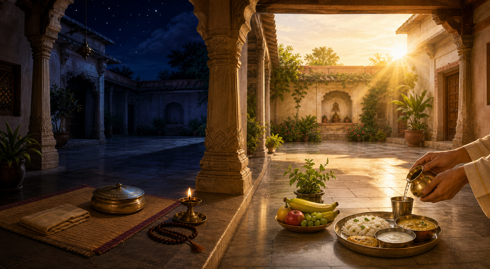 A nighttime fasting setting with covered food is contrasted with a sunlit morning setting where water, fruit, and a simple meal are ready for breaking the fast.