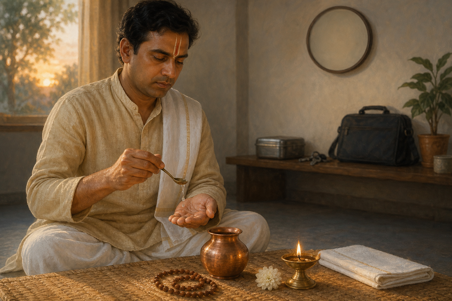 A devotee makes a morning vow with water beside a copper vessel, lamp, prayer beads, flower, work bag, keys, and packed lunch.