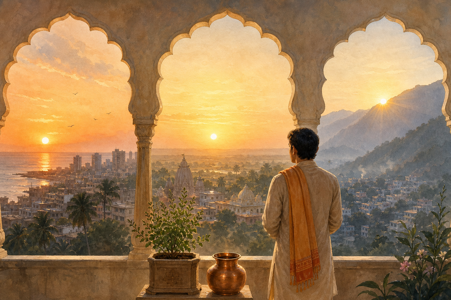 Three Indian landscapes at dawn show sunlight reaching coastal, inland, and foothill locations differently while a devotee observes the local horizon.