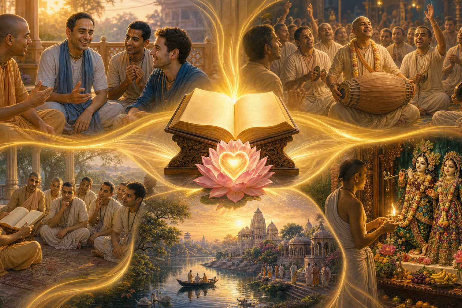 Five Gauḍīya Vaiṣṇava bhakti practices surrounding an illuminated sacred book and glowing lotus heart.