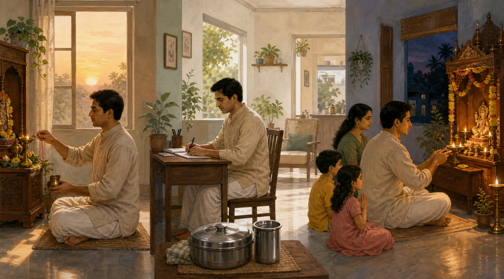 A householder lights a lamp at dawn, works during the day, and joins family members for an evening prayer in a continuous home scene.