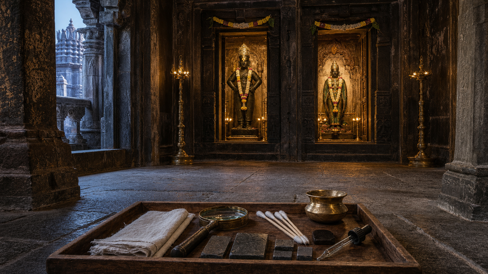 Lamp-lit dark stone forms of Vitthal and Rukmini appear in separate temple sanctums, with ritual vessels and conservation tools arranged on a tray outside the threshold.