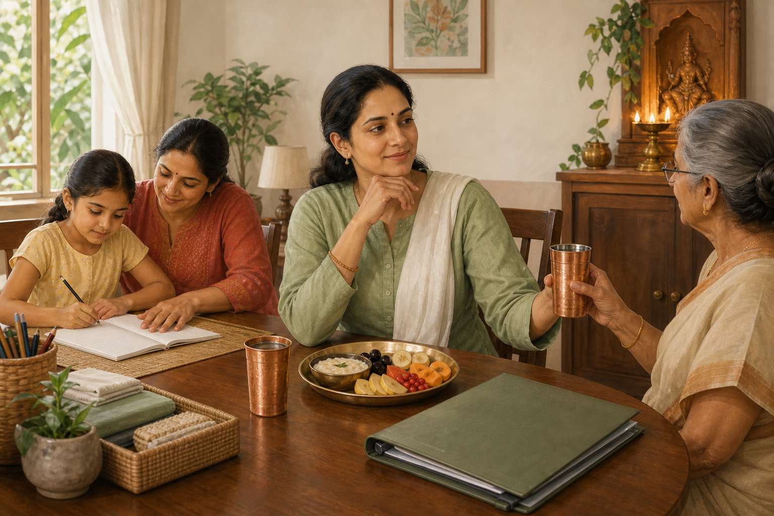 A person observing a vow sits with fruit, simple food, and water while helping a child and offering water to an older family member.