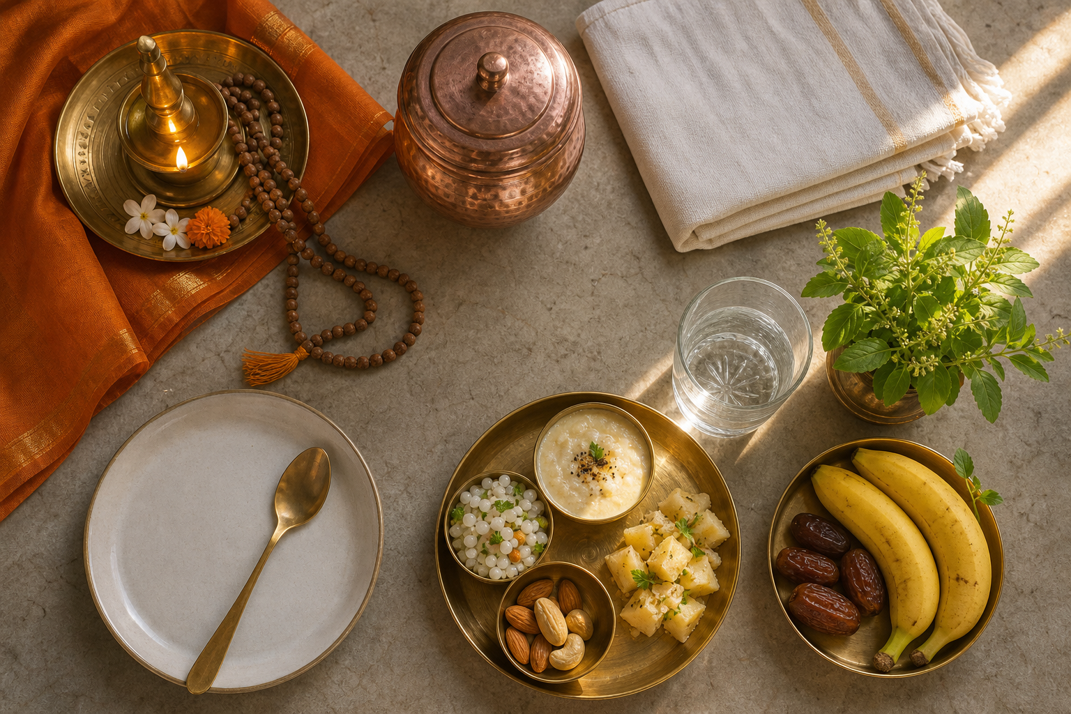 An overhead arrangement shows a lamp and prayer beads for evening worship followed by morning sunlight, water, tulsi leaves, fruit, and a simple meal.