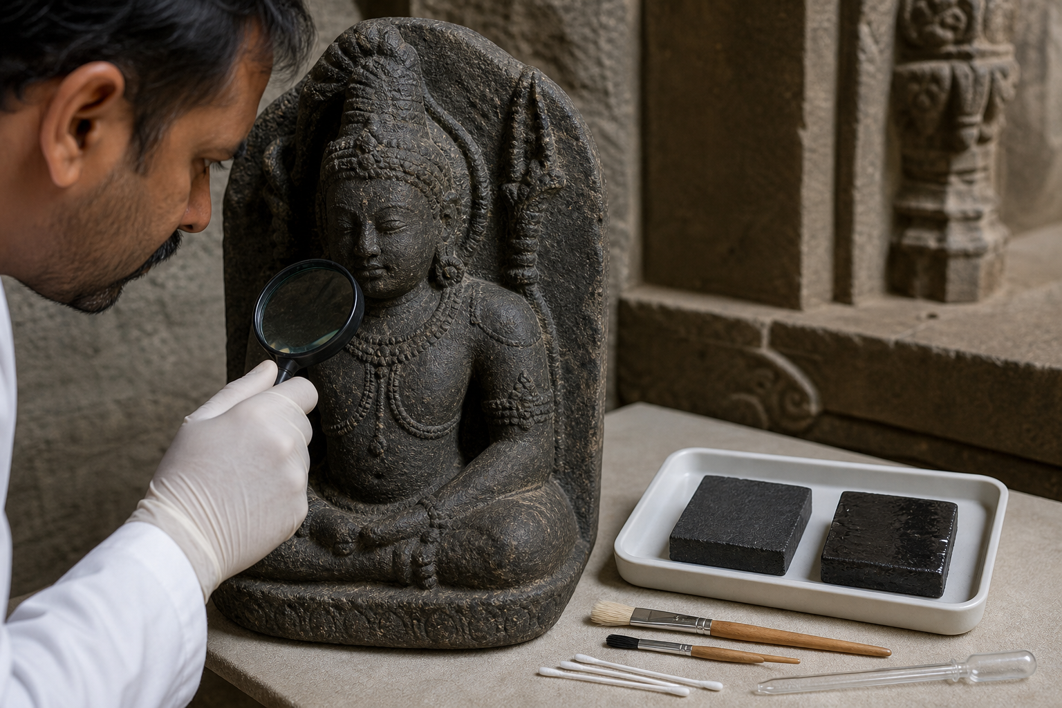A conservator studies the natural surface of a dark stone sculpture while uncoated and glossy-coated basalt test pieces remain on a separate tray.