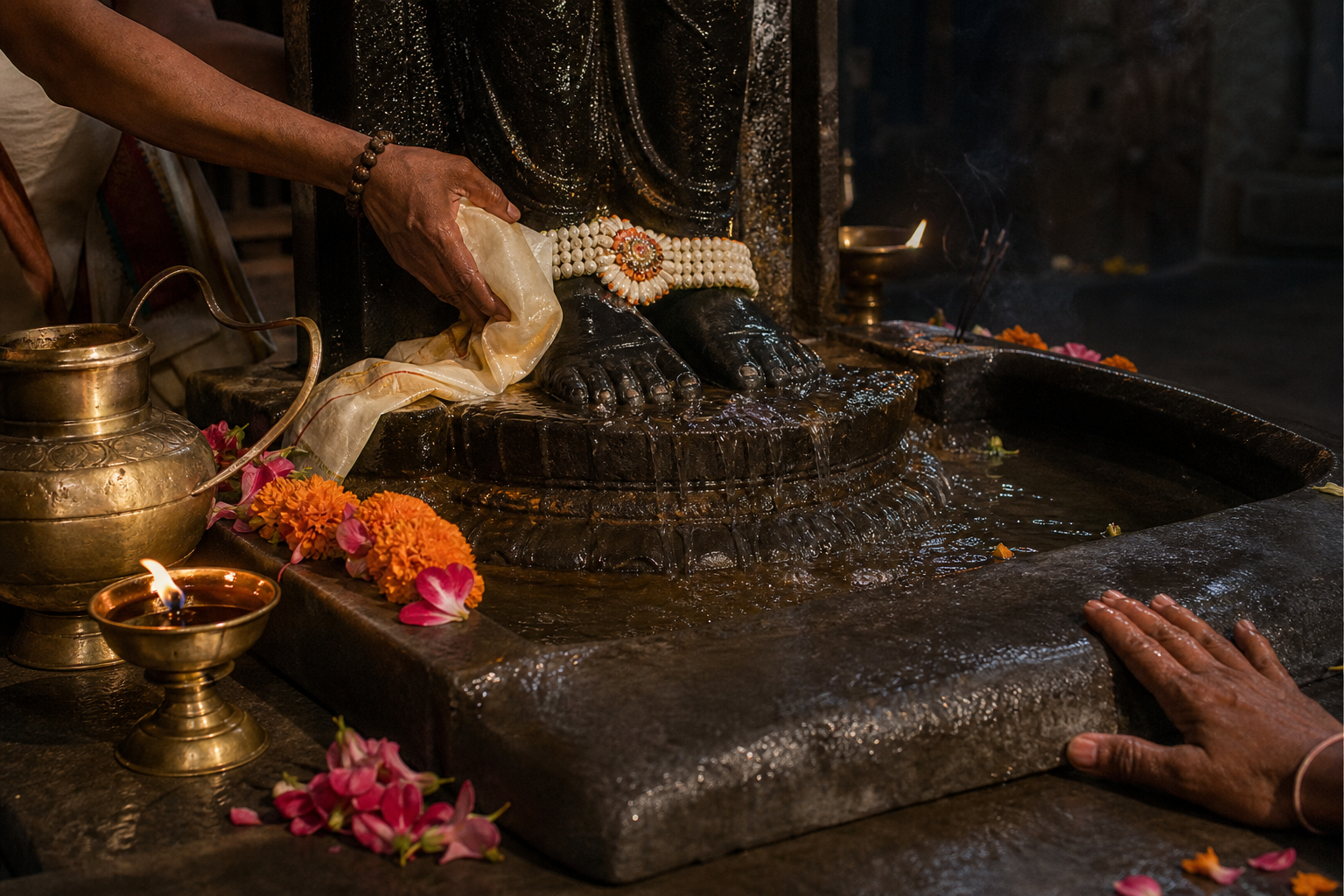 Water runs over the feet of a dark stone deity as a priest arranges cloth and flowers and a devotee touches the worn stone threshold.