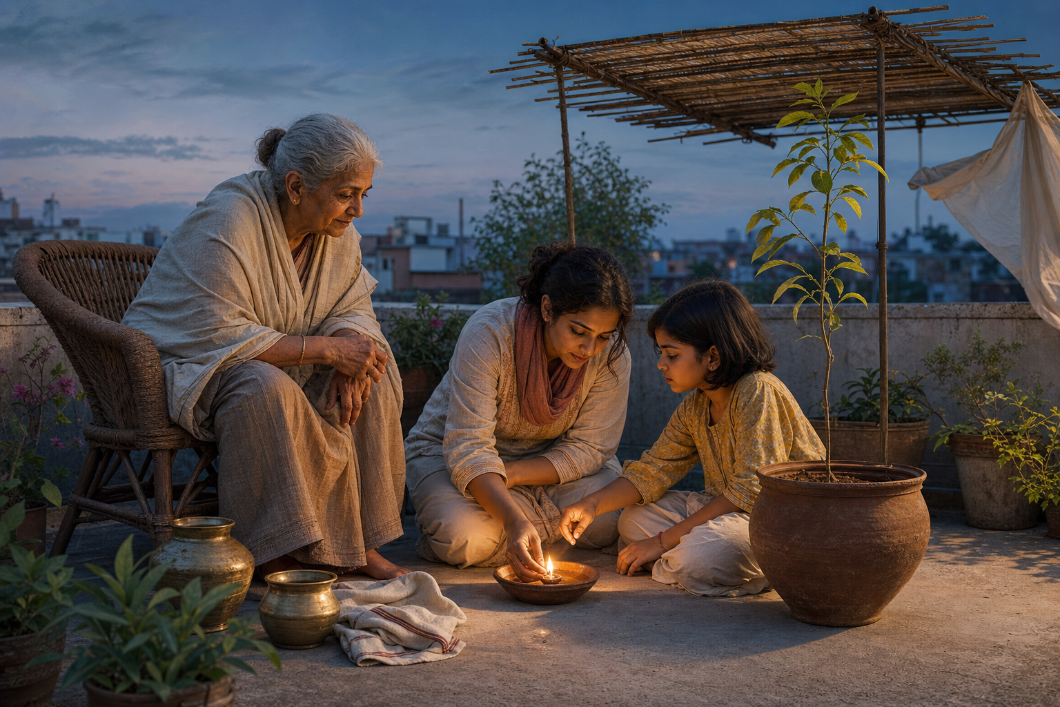 A grandparent, parent, and child share an evening practice on a plant-filled terrace beside a clay lamp and a shaded sapling.