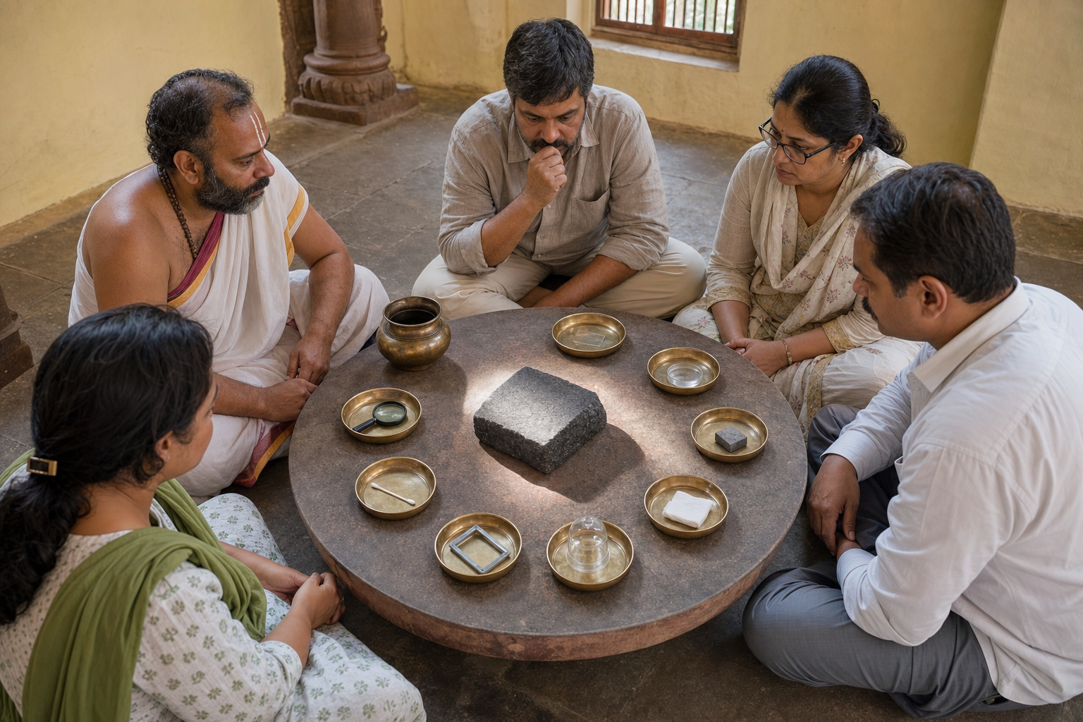 A priest, conservator, scientist, administrator and devotee representative review a basalt sample surrounded by eight unmarked trays of inspection and testing materials.