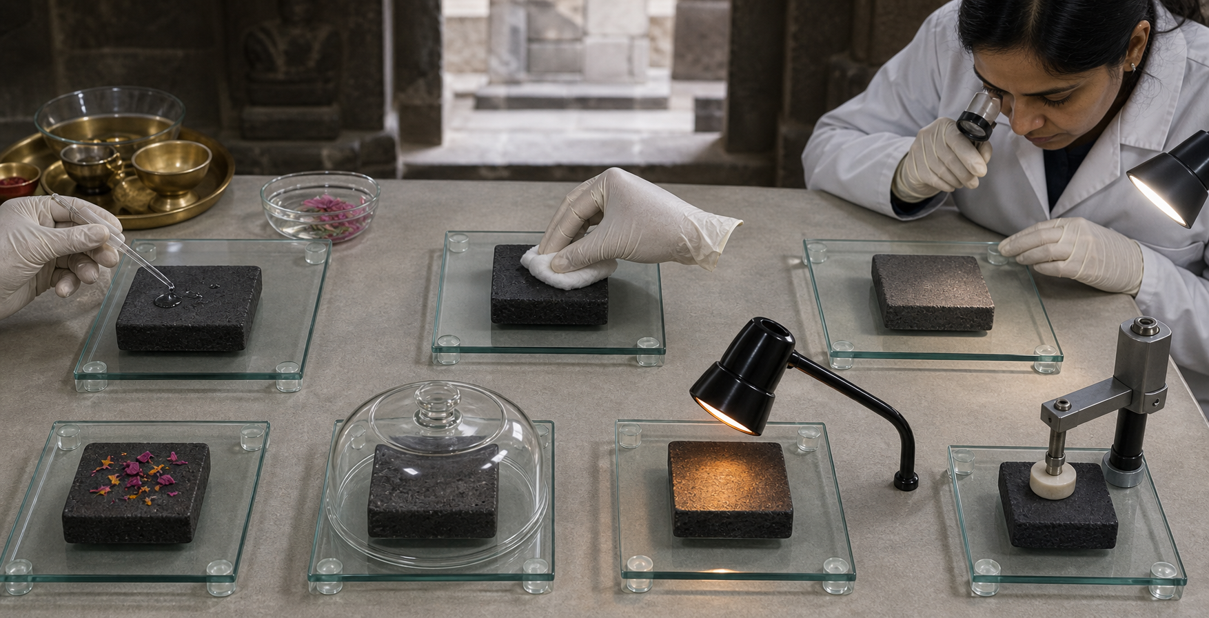 Basalt test pieces undergo repeated wetting, wiping, flower contact, humidity, warmth and simulated touch in a controlled conservation workspace.