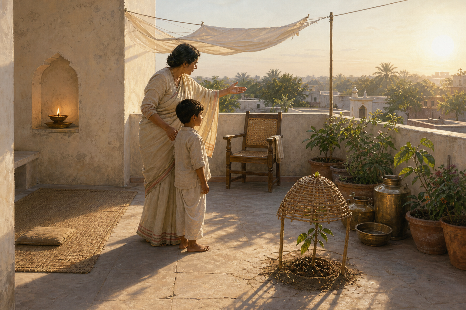 A parent shows a child the purposeful arrangement of a lamp, elder's chair, water vessels, plants, and shaded sapling on a morning terrace.