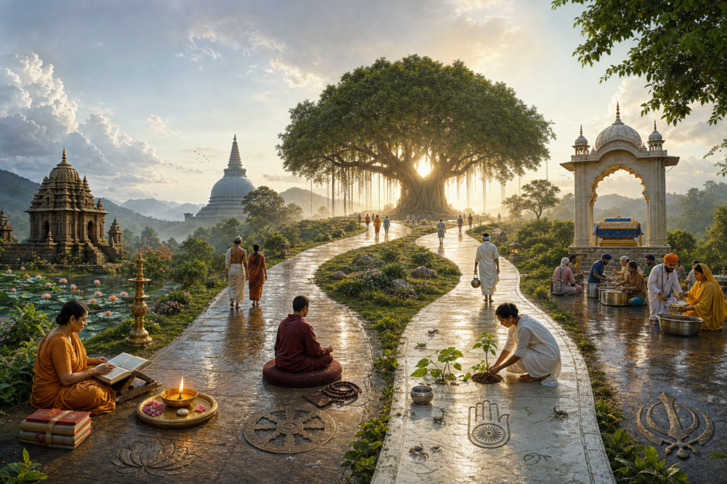 Four faith-inspired paths cross a rain-washed Indian landscape toward a sunlit banyan tree as people study, meditate, plant and serve food.