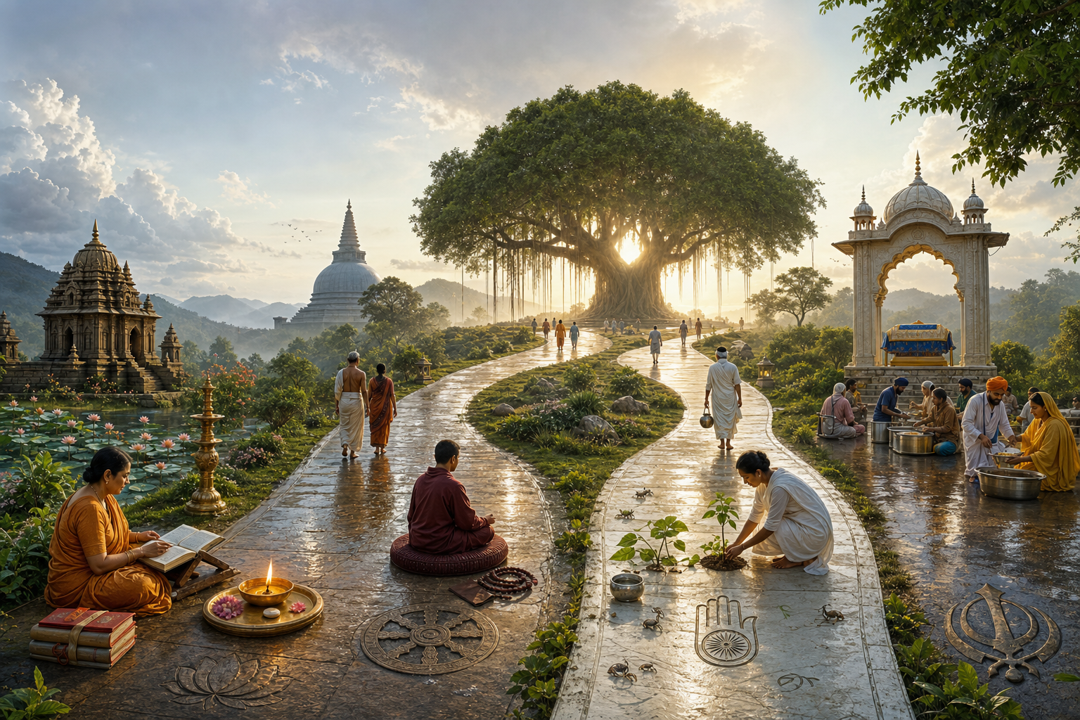 Four faith-inspired paths cross a rain-washed Indian landscape toward a sunlit banyan tree as people study, meditate, plant and serve food.