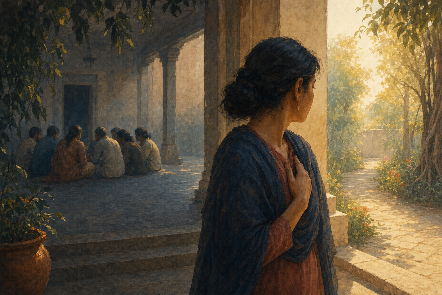 A South Asian adult stands in a dawn-lit courtyard, facing an open garden path while a distant group gathers in the shadows behind them.