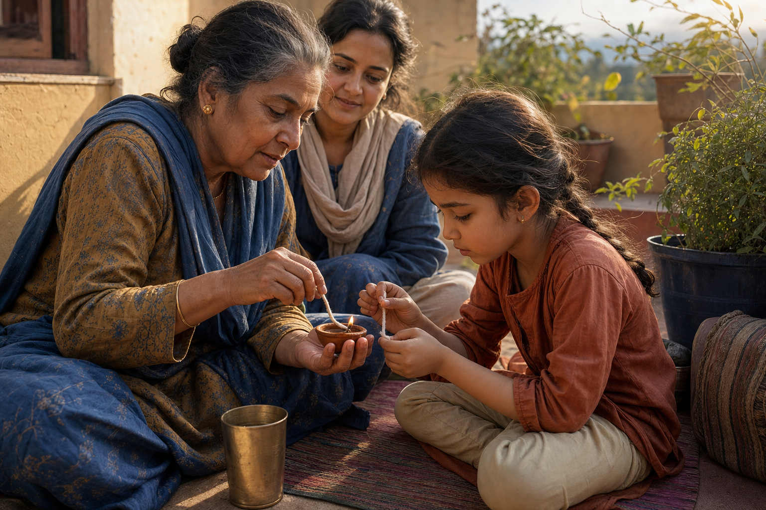 A grandparent guides a child in preparing and shielding a small clay lamp while a parent watches on a terrace.