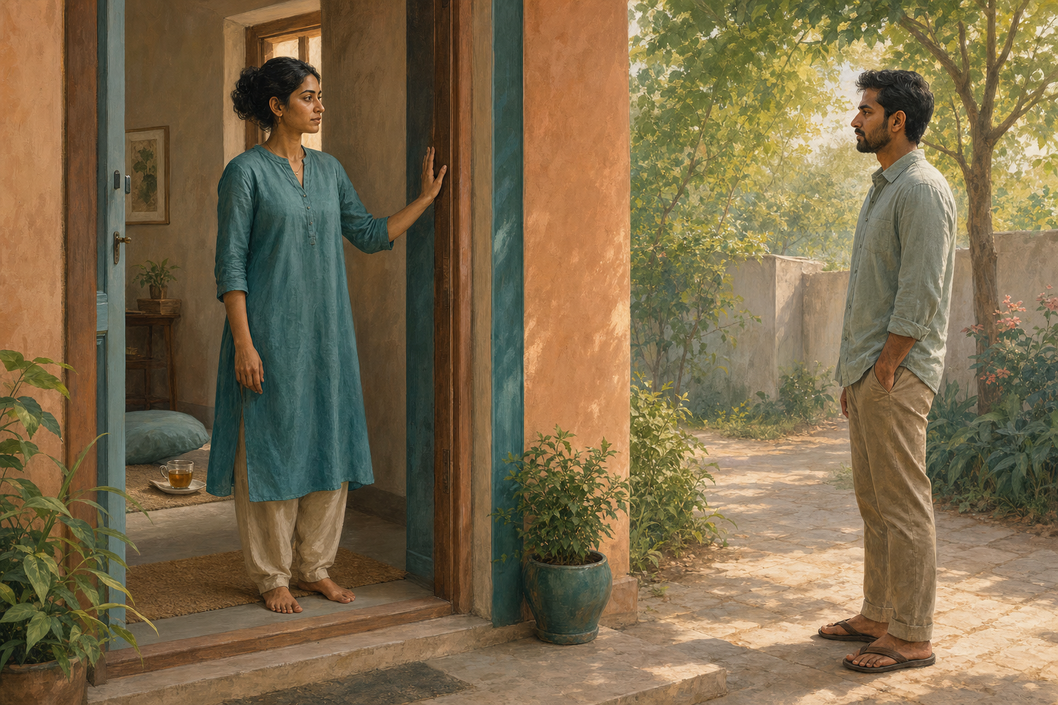 Two adults face each other across an open doorway, with one person standing calmly beside the doorframe and the other waiting several steps away.