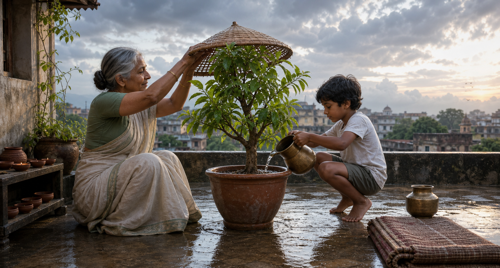 A child waters a thriving terrace sapling while a grandparent adjusts its woven shade after rain.