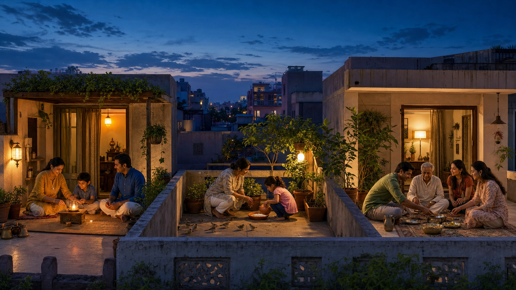 Families on three neighboring terraces follow distinct household practices while acknowledging one another across low parapet walls at dusk.
