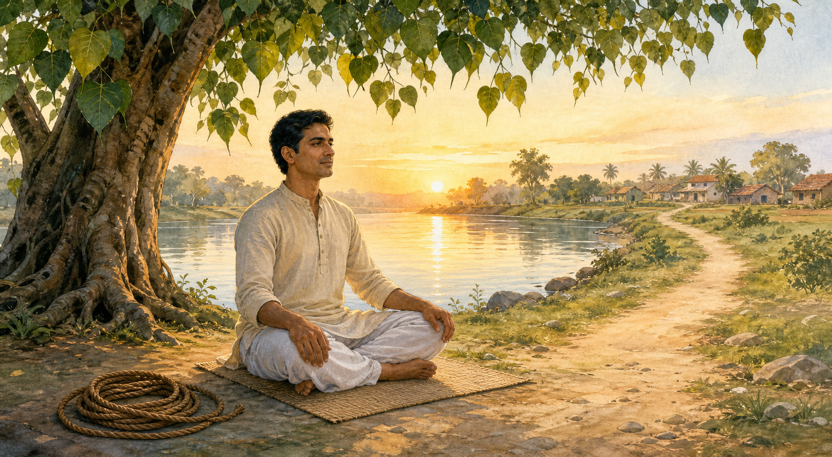 An adult meditates upright beside a sunrise river under a leafy tree, with a coiled rope set on the ground and a village path in the distance.