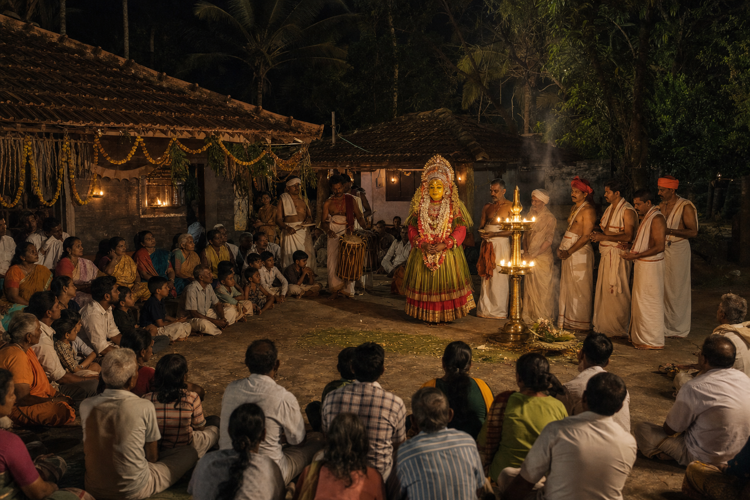 A painted ritual medium, drummers, attendants and community members gathered around oil lamps for a nighttime kola in a Tulu Nadu shrine courtyard.