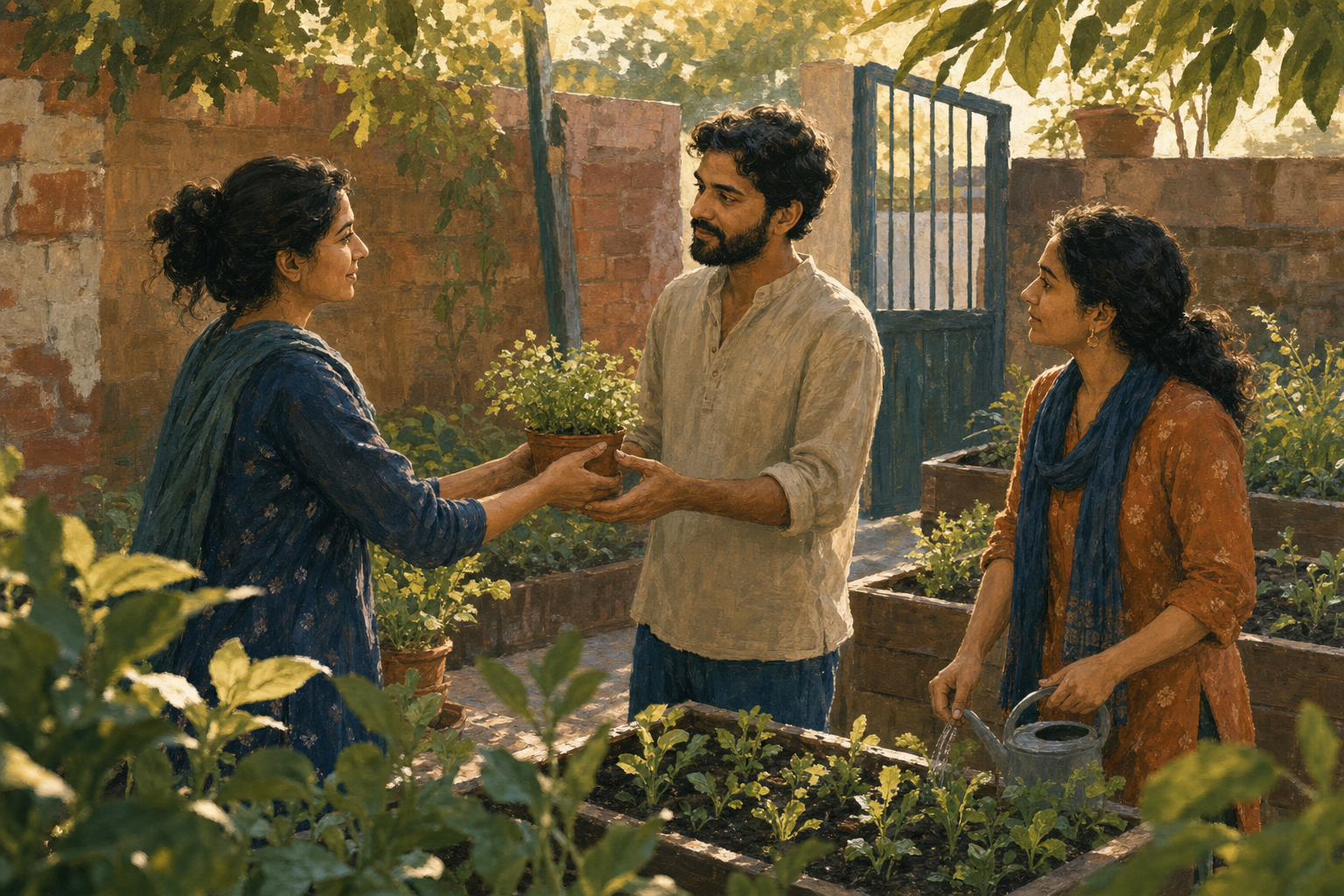 Two adults exchange a small potted herb while another person waters seedlings in a sunlit community garden courtyard.