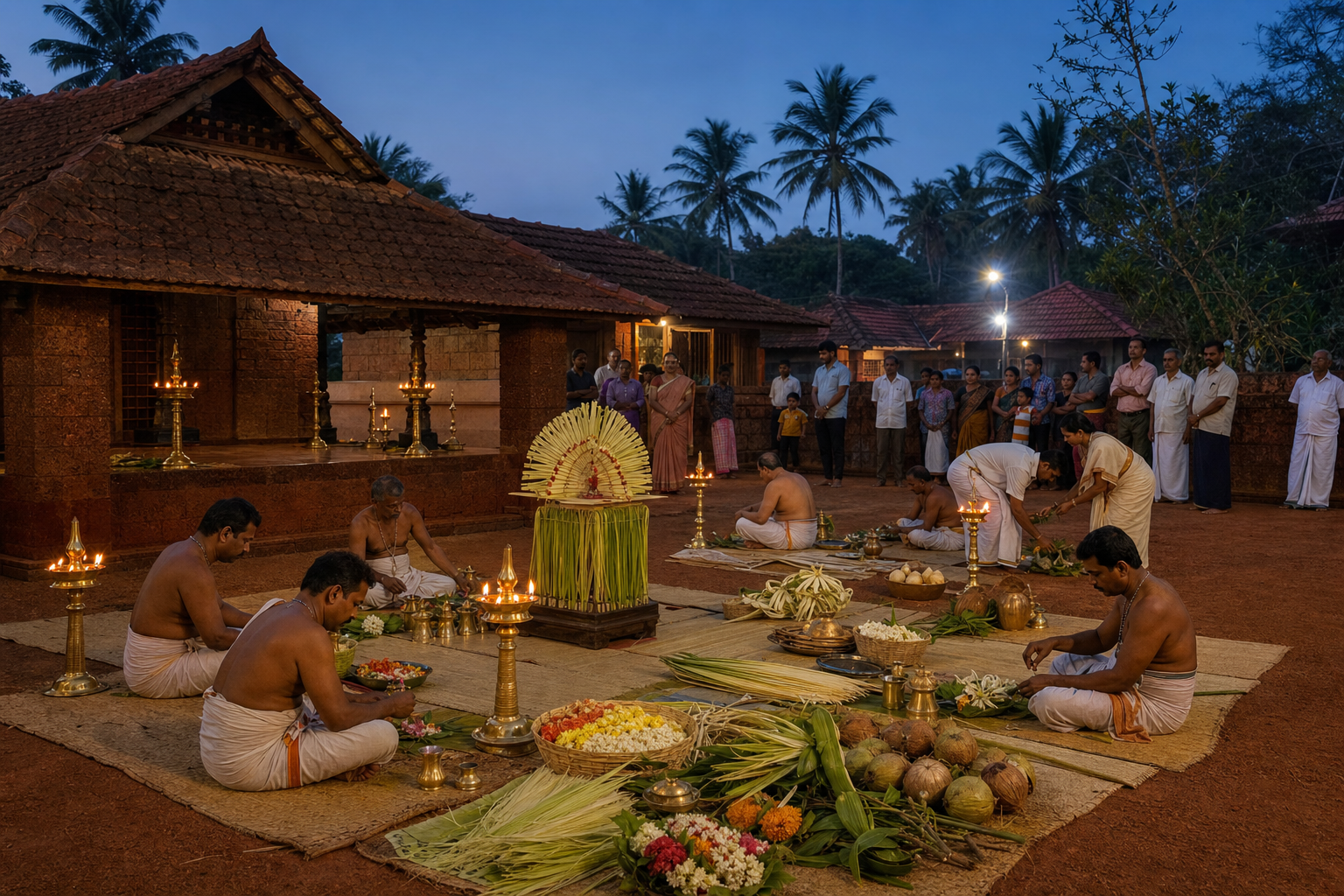Ritual attendants and household members prepare lamps and offerings in a Tulu Nadu shrine courtyard as the community gathers at dusk.