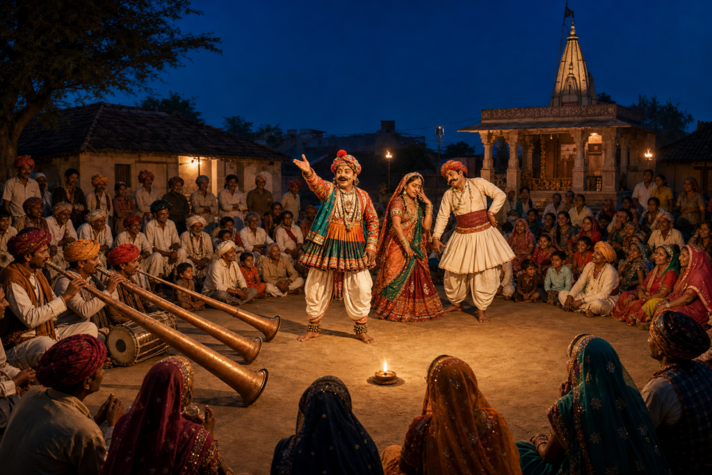 Gujarati Bhavai folk-theatre performers act before villagers and bhungal musicians in a temple courtyard at dusk.