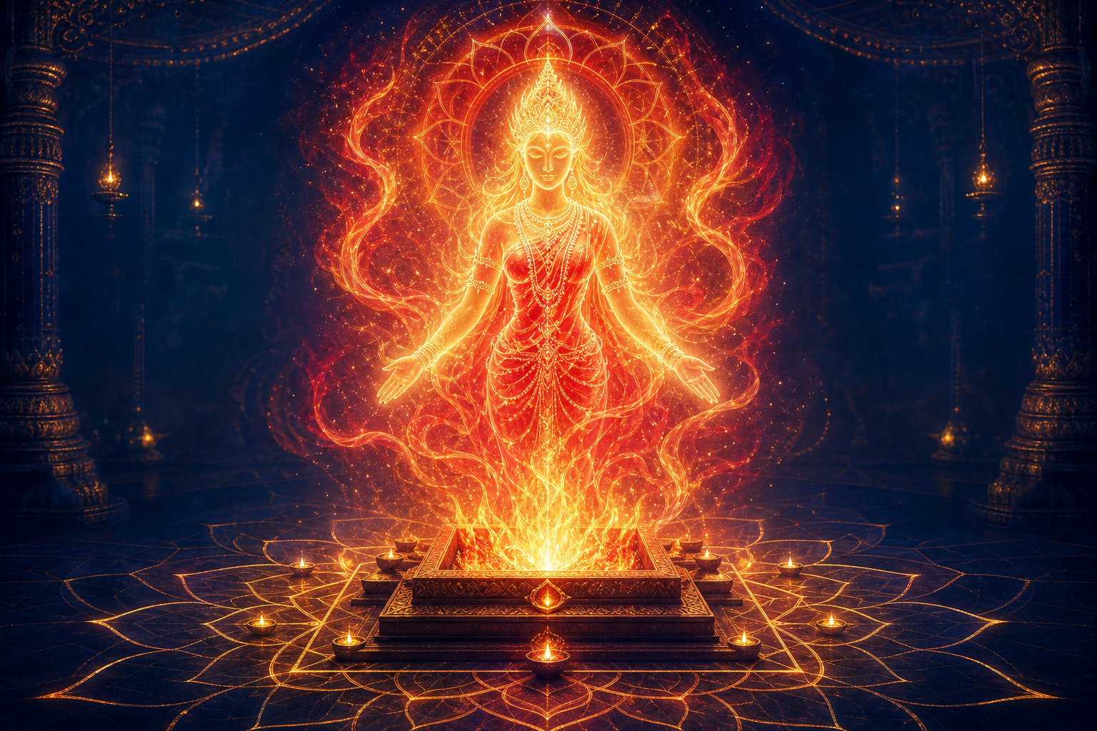 A radiant feminine divine presence rises from a square fire altar within a glowing lotus mandala in a dark blue sanctuary.
