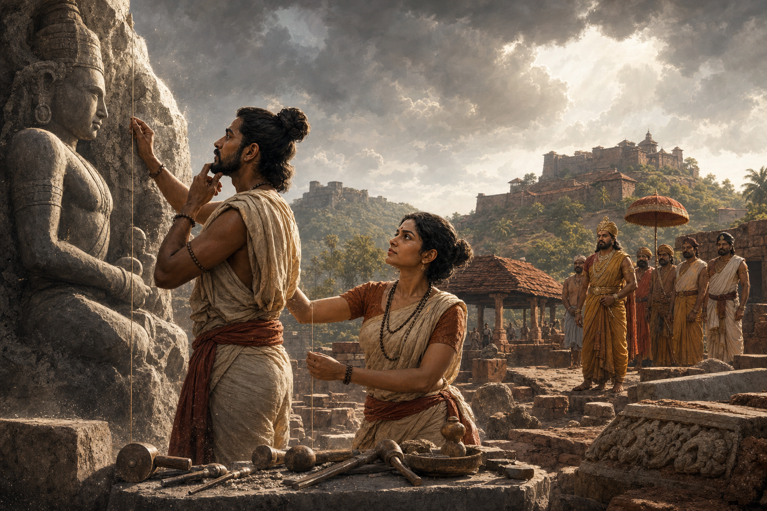 A brother-and-sister pair of stone artisans work on a monumental carving while a ruler and retainers observe from a distance.