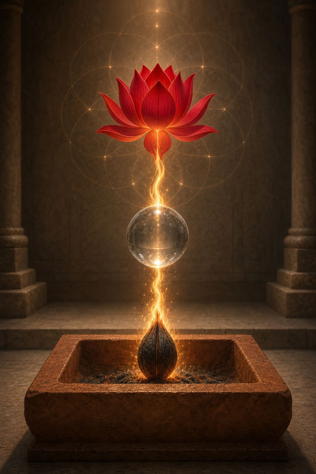 A square altar, clear sphere, golden flame, and opening red lotus form a vertical symbolic sequence in a quiet temple setting.