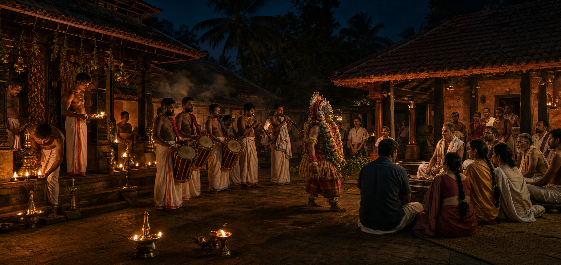 A continuous nighttime courtyard scene moves from ritual preparation and drumming to a family receiving counsel from an adorned kola medium.