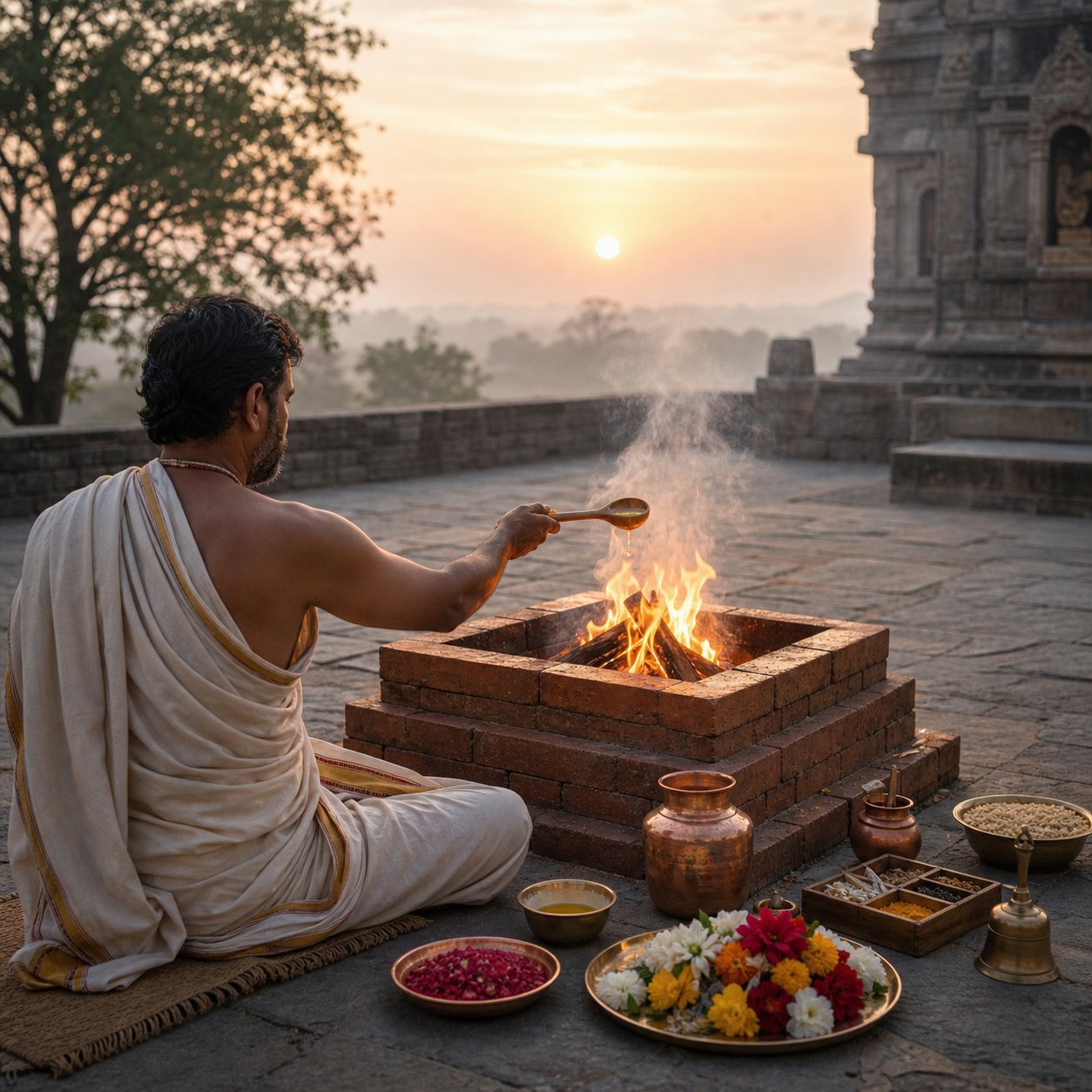 A seated practitioner offers from a wooden ladle into a square homa fire in a stone courtyard at dawn.